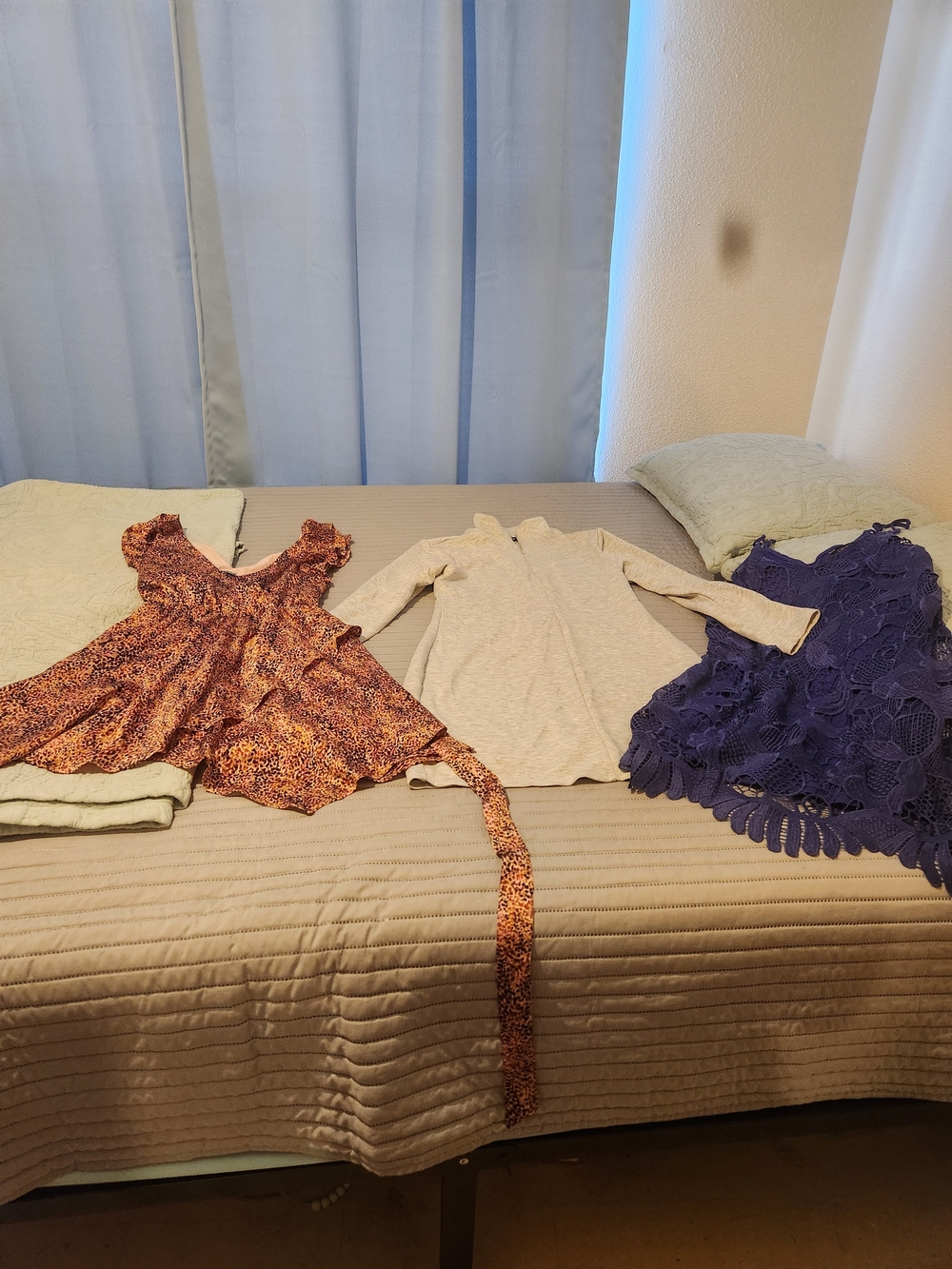 Express Purple Crochet Dress, Orange Leopard Print Dress, Cream Knit Top